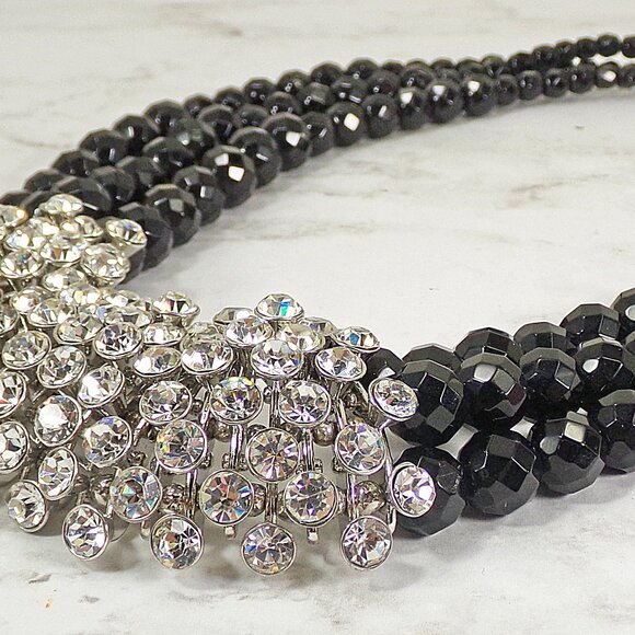 Large clear crystal statement necklace with 3 rows of black glass beads - Picture 3 of 8